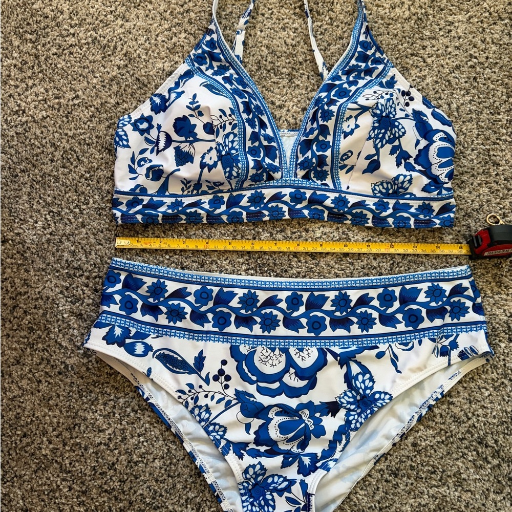 Amazon Blue and White Floral High-Waist Bikini Set